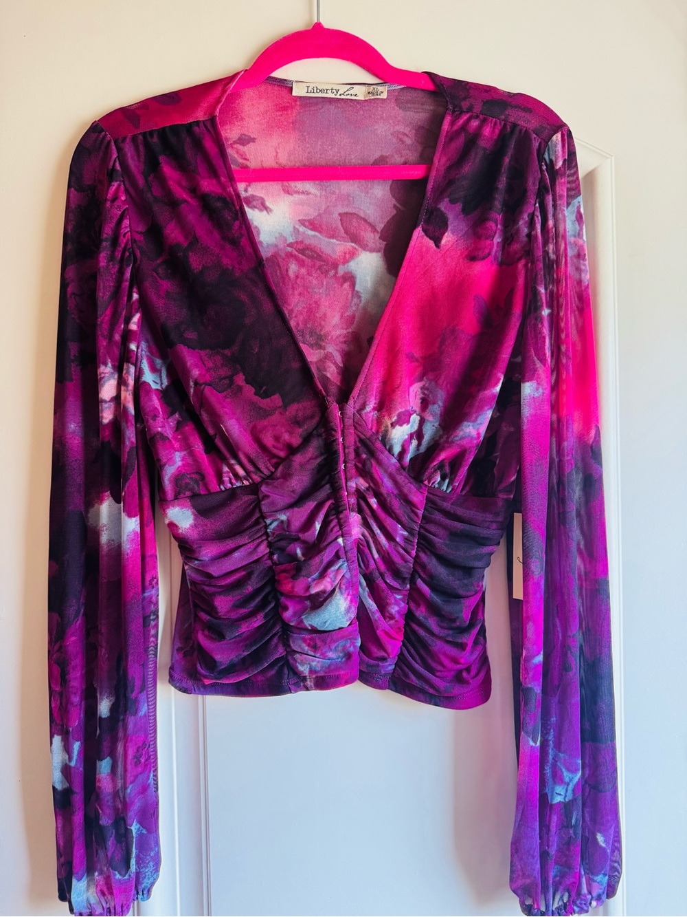Liberty Love Ruched V-Neck Long Sleeve Top in Magenta and Purple Floral